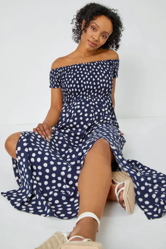 Women Navy Petite Polka Dot Bardot Maxi Dress Roman Dresses