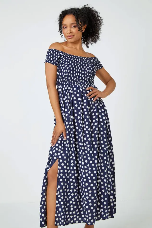 Women Navy Petite Polka Dot Bardot Maxi Dress Roman Dresses