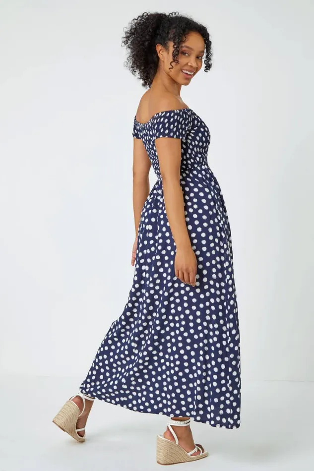 Women Navy Petite Polka Dot Bardot Maxi Dress Roman Dresses