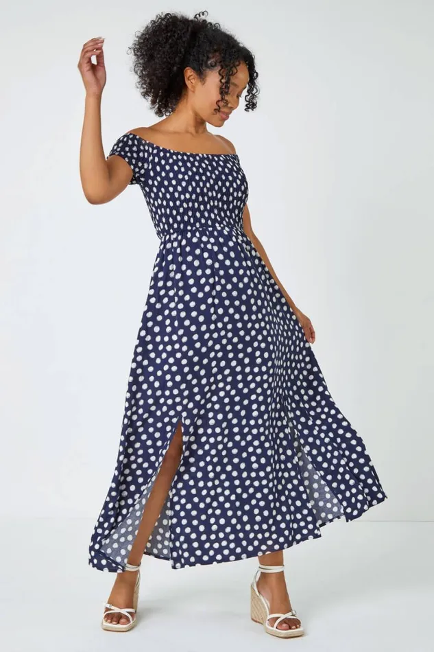 Women Navy Petite Polka Dot Bardot Maxi Dress Roman Dresses