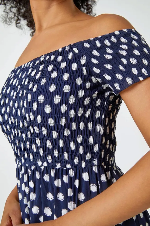 Women Navy Petite Polka Dot Bardot Maxi Dress Roman Dresses