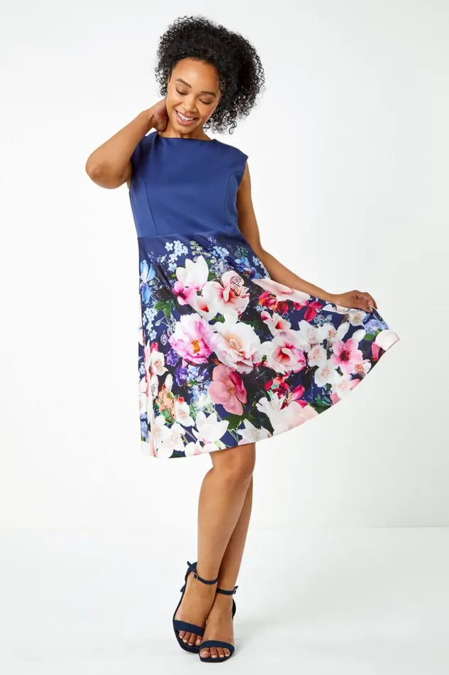 Women Navy Petite Premium Stretch Floral Dress Roman Dresses