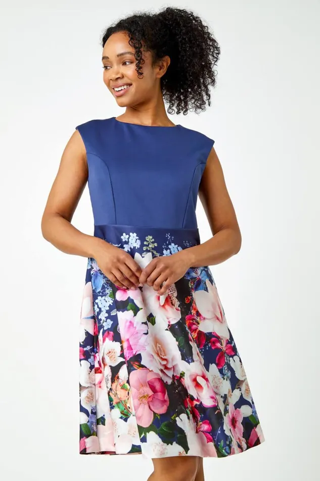 Women Navy Petite Premium Stretch Floral Dress Roman Dresses