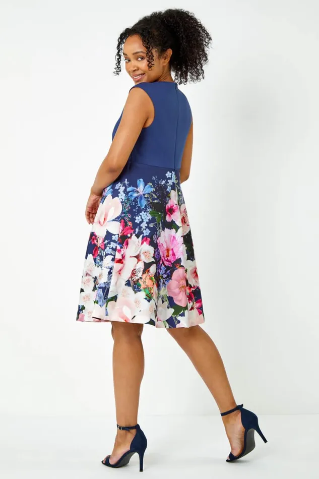 Women Navy Petite Premium Stretch Floral Dress Roman Dresses