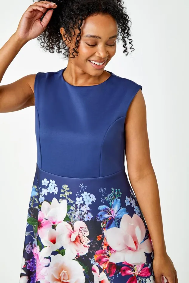 Women Navy Petite Premium Stretch Floral Dress Roman Dresses