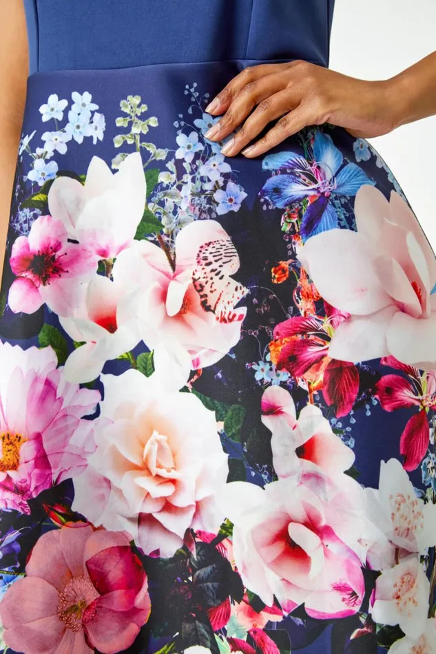 Women Navy Petite Premium Stretch Floral Dress Roman Dresses