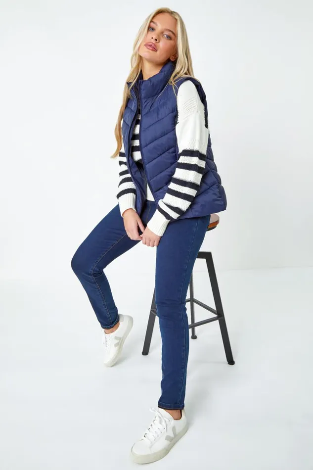 Women Navy Petite Quilted Padded Gilet Roman Coats
