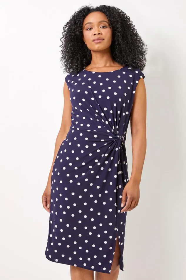 Women Navy Petite Spot Print Twist Ruched Midi Dress Roman Dresses