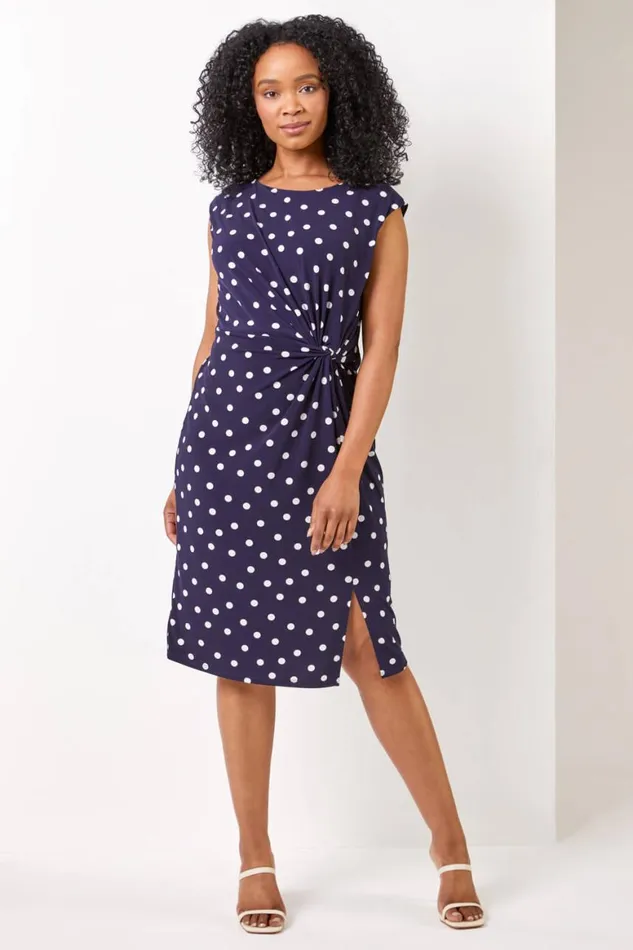 Women Navy Petite Spot Print Twist Ruched Midi Dress Roman Dresses