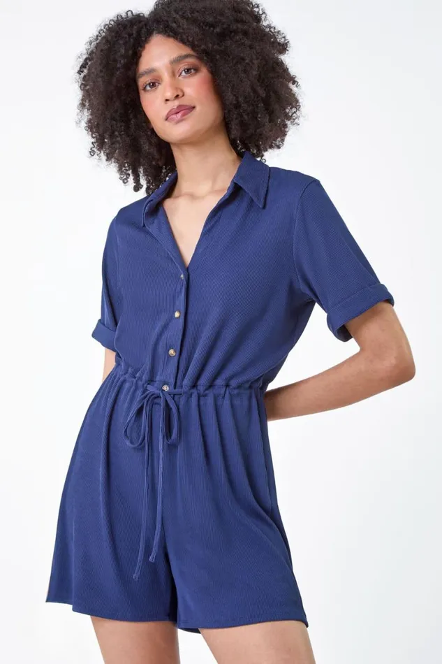 Women Navy Plain Ribbed Stretch Playsuit Roman Dresses