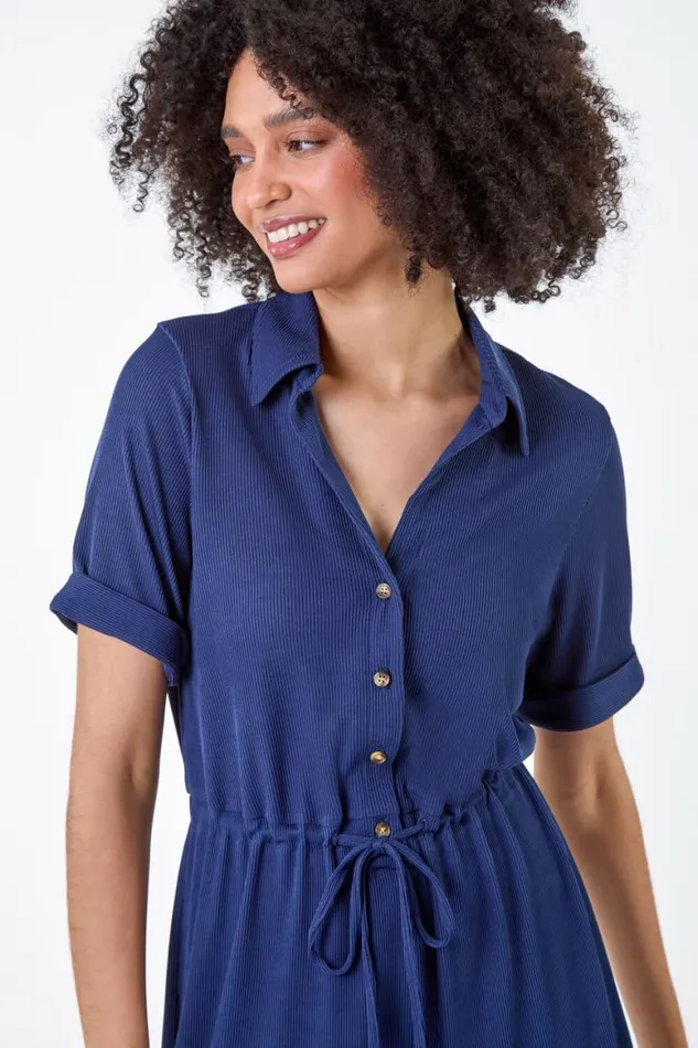 Women Navy Plain Ribbed Stretch Playsuit Roman Dresses
