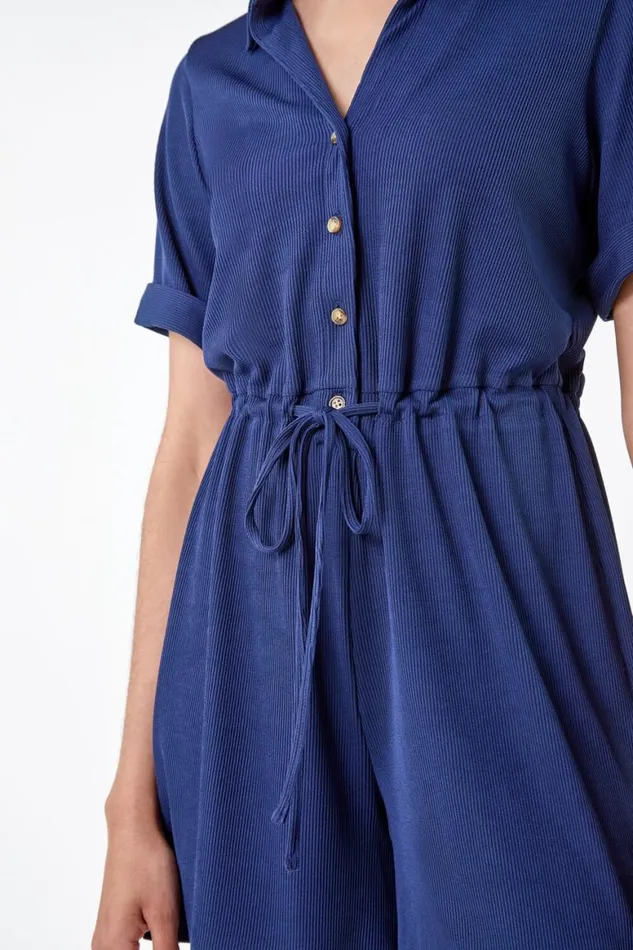 Women Navy Plain Ribbed Stretch Playsuit Roman Dresses
