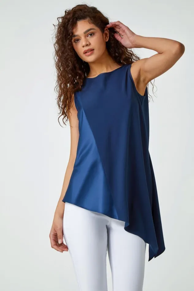 Women Navy Satin Contrast Asymmetric Chiffon Tunic Top Roman Tops