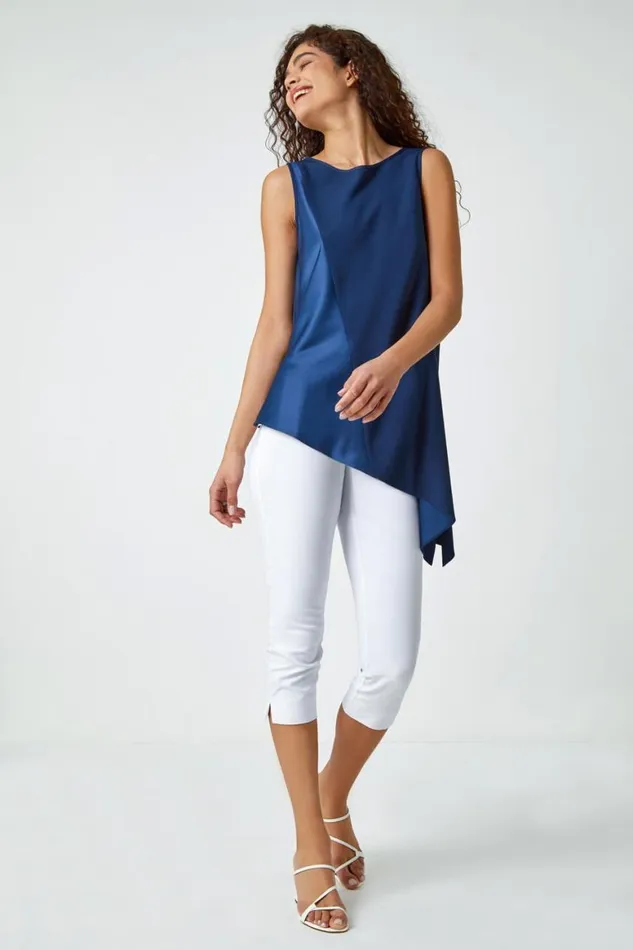 Women Navy Satin Contrast Asymmetric Chiffon Tunic Top Roman Tops