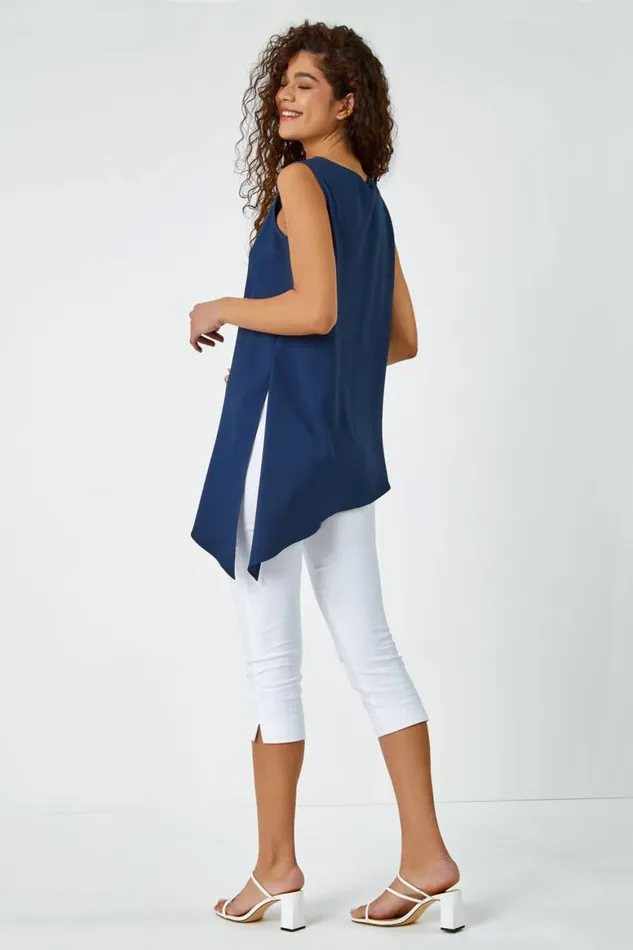 Women Navy Satin Contrast Asymmetric Chiffon Tunic Top Roman Tops