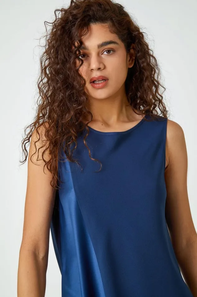 Women Navy Satin Contrast Asymmetric Chiffon Tunic Top Roman Tops