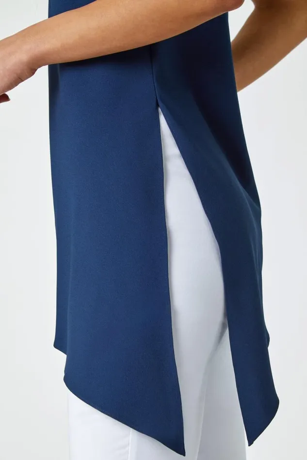 Women Navy Satin Contrast Asymmetric Chiffon Tunic Top Roman Tops