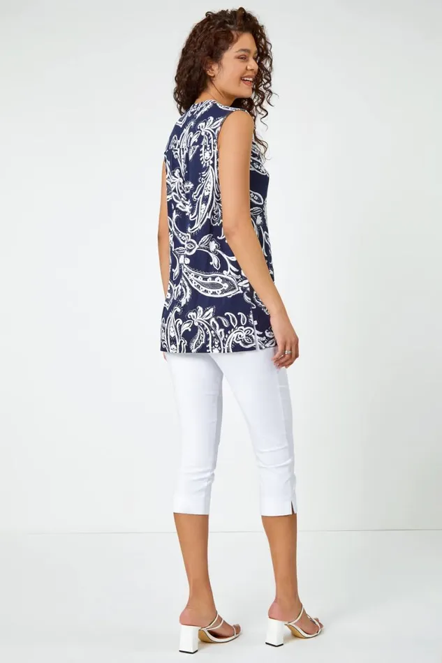 Women Navy Sleeveless Paisley Print Zip Top Roman Tops