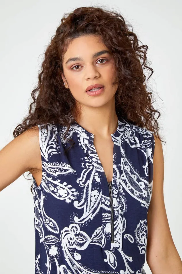 Women Navy Sleeveless Paisley Print Zip Top Roman Tops