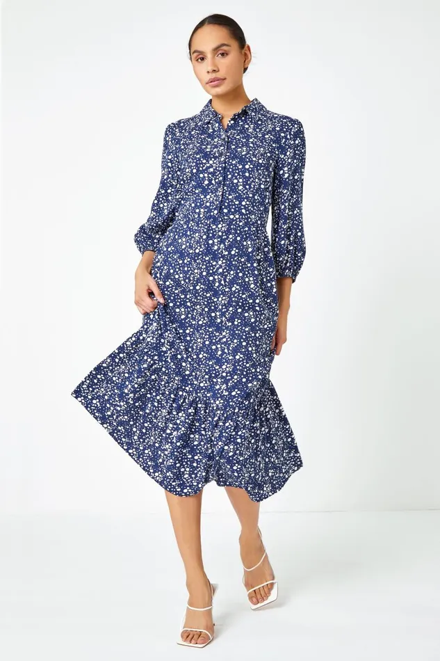 Women Navy Spot Print Tiered Shirt Dress Roman Dresses