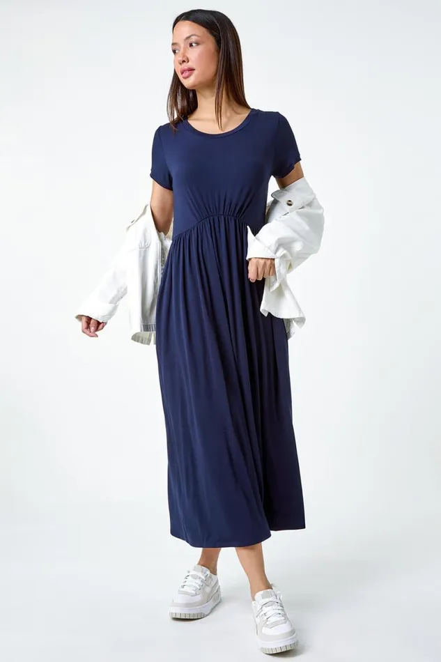 Women Navy Stretch Gathered Pocket TShirt Dress Roman Dresses