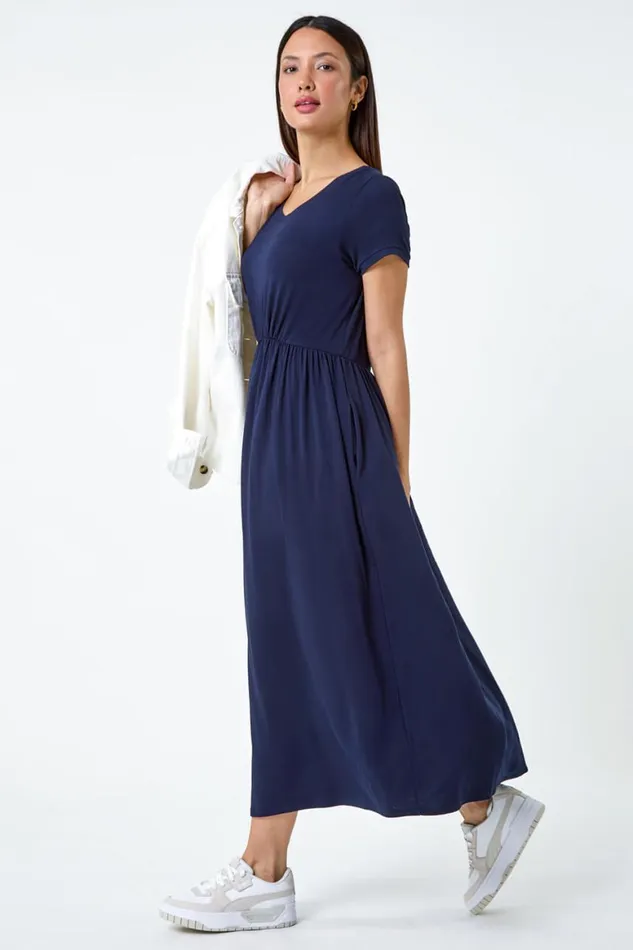 Women Navy Stretch Gathered Pocket TShirt Dress Roman Dresses