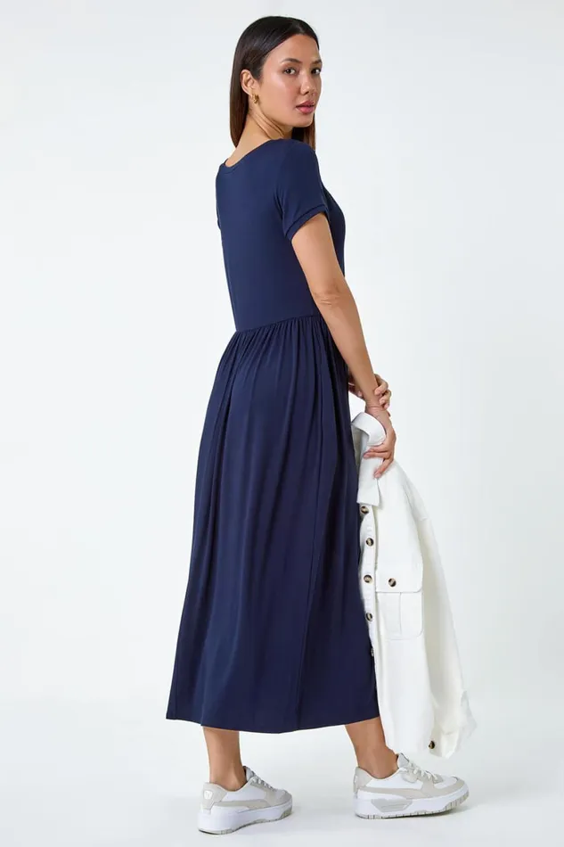 Women Navy Stretch Gathered Pocket TShirt Dress Roman Dresses