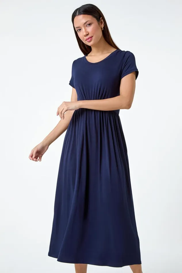 Women Navy Stretch Gathered Pocket TShirt Dress Roman Dresses