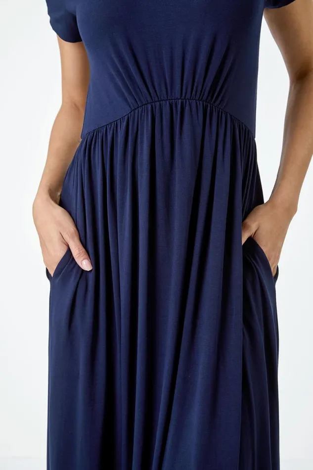 Women Navy Stretch Gathered Pocket TShirt Dress Roman Dresses