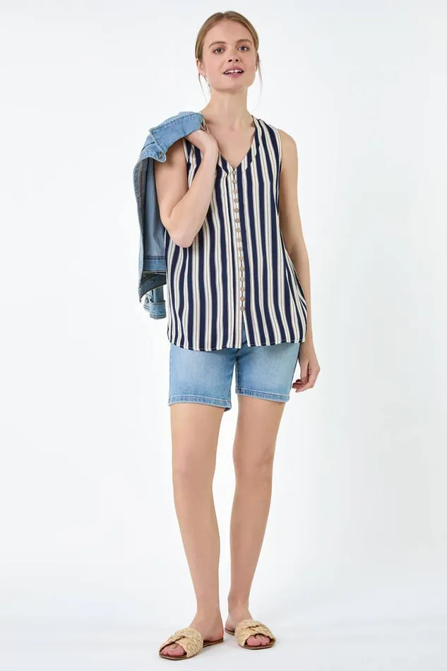 Women Navy Stripe Print Button Detail Vest Top Roman Tops