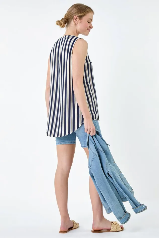 Women Navy Stripe Print Button Detail Vest Top Roman Tops