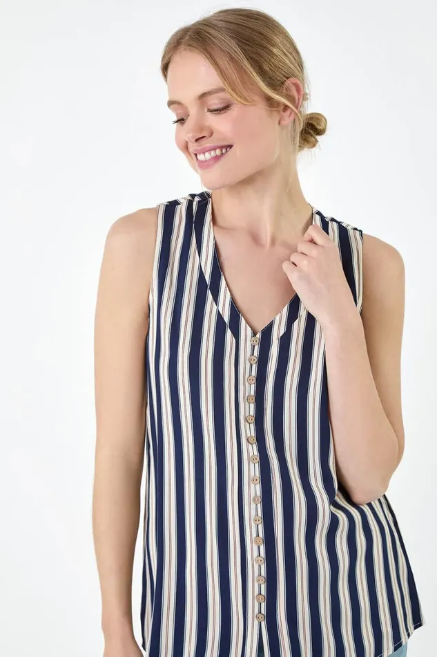 Women Navy Stripe Print Button Detail Vest Top Roman Tops