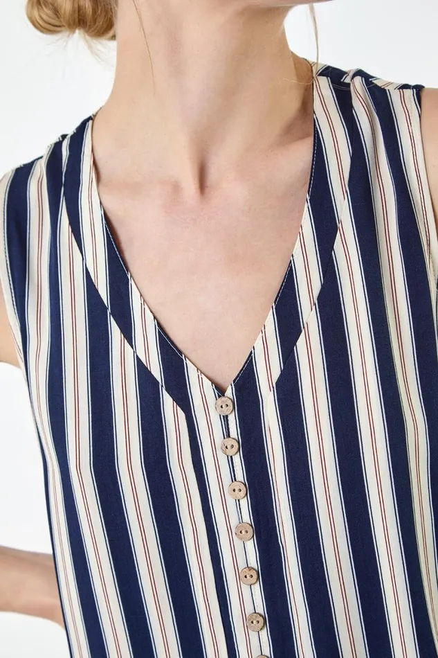 Women Navy Stripe Print Button Detail Vest Top Roman Tops