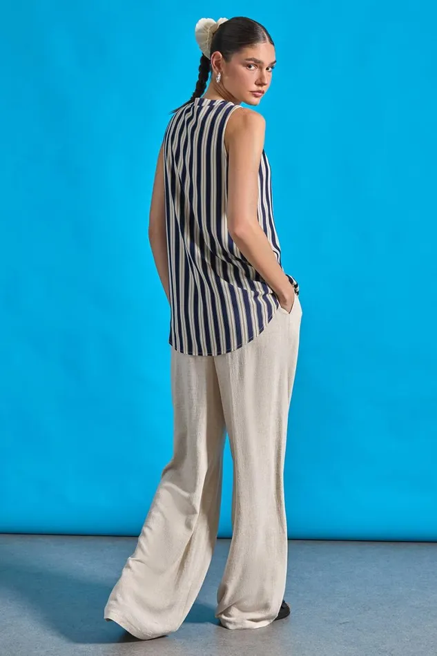 Women Navy Stripe Print Button Detail Vest Top Roman Tops