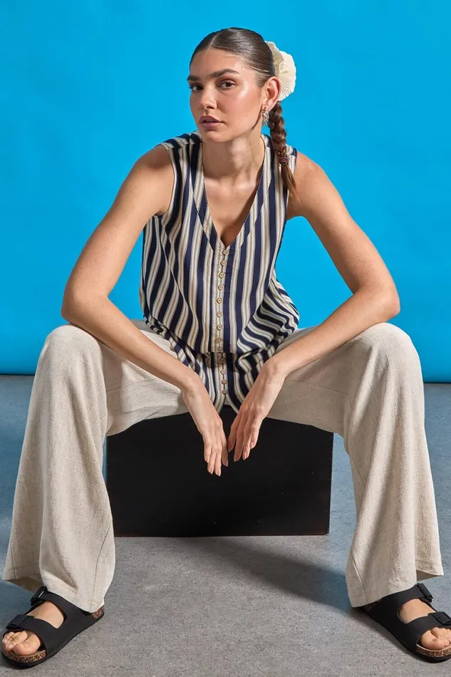 Women Navy Stripe Print Button Detail Vest Top Roman Tops