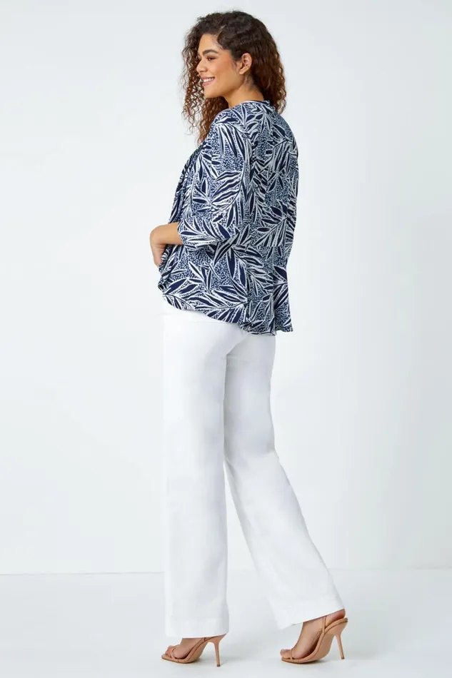 Women Navy Textured Floral Print Peplum Stretch Jacket Roman Jackets