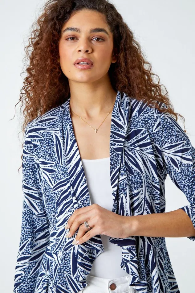 Women Navy Textured Floral Print Peplum Stretch Jacket Roman Jackets