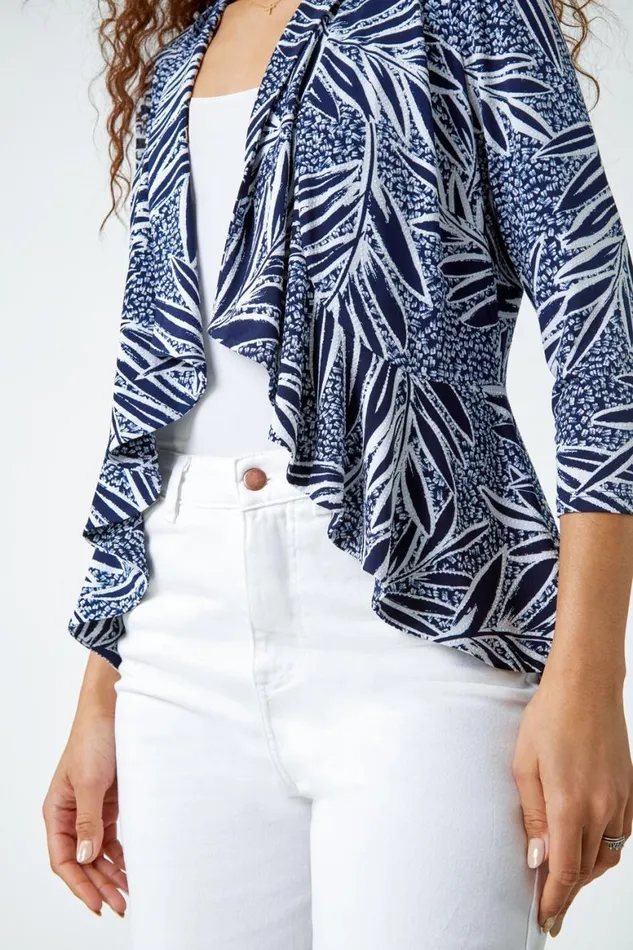 Women Navy Textured Floral Print Peplum Stretch Jacket Roman Jackets