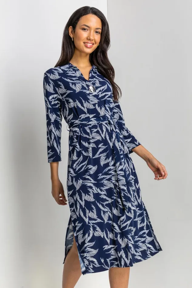 Women Navy Textured Leaf Print Midi Shirt Dress Roman Dresses