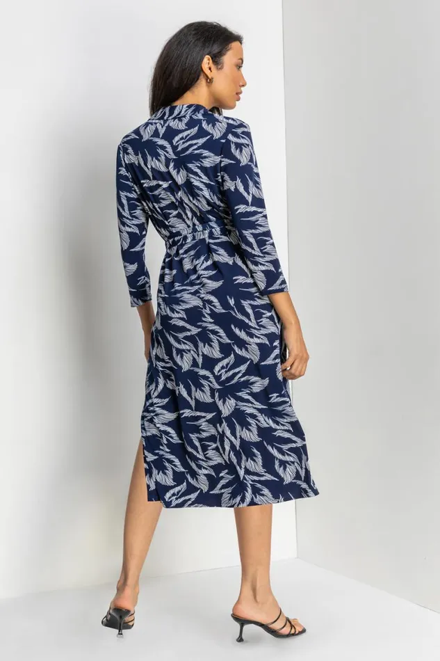 Women Navy Textured Leaf Print Midi Shirt Dress Roman Dresses