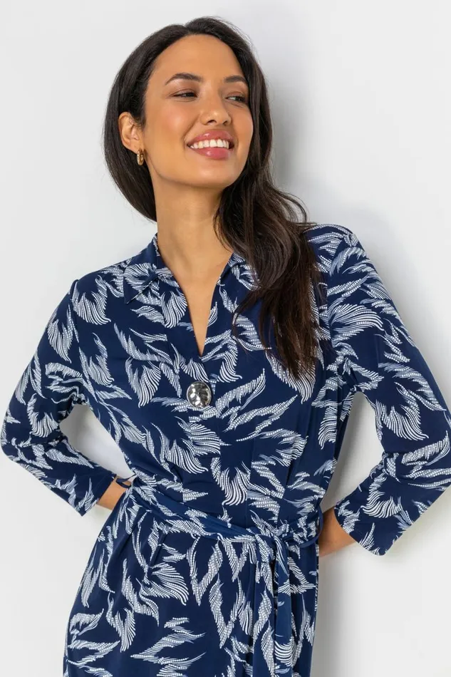 Women Navy Textured Leaf Print Midi Shirt Dress Roman Dresses