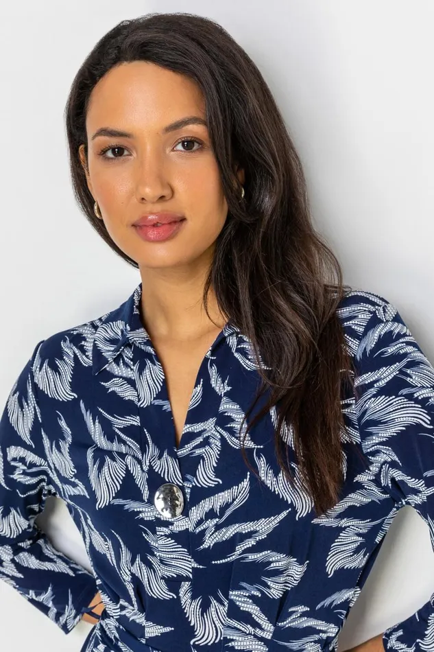 Women Navy Textured Leaf Print Midi Shirt Dress Roman Dresses