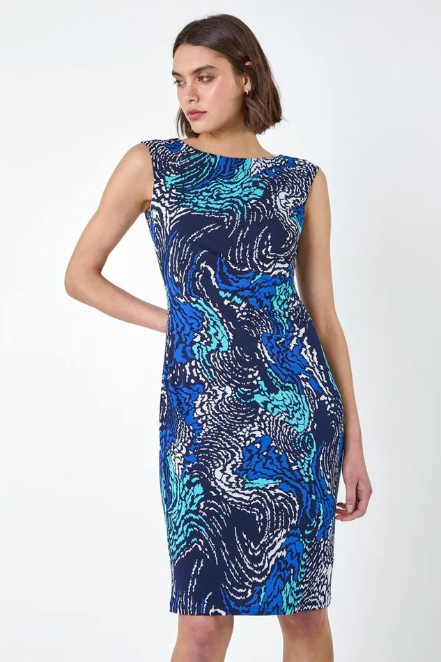 Women Navy Textured Wave Print Shift Stretch Dress Roman Dresses