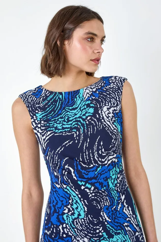 Women Navy Textured Wave Print Shift Stretch Dress Roman Dresses