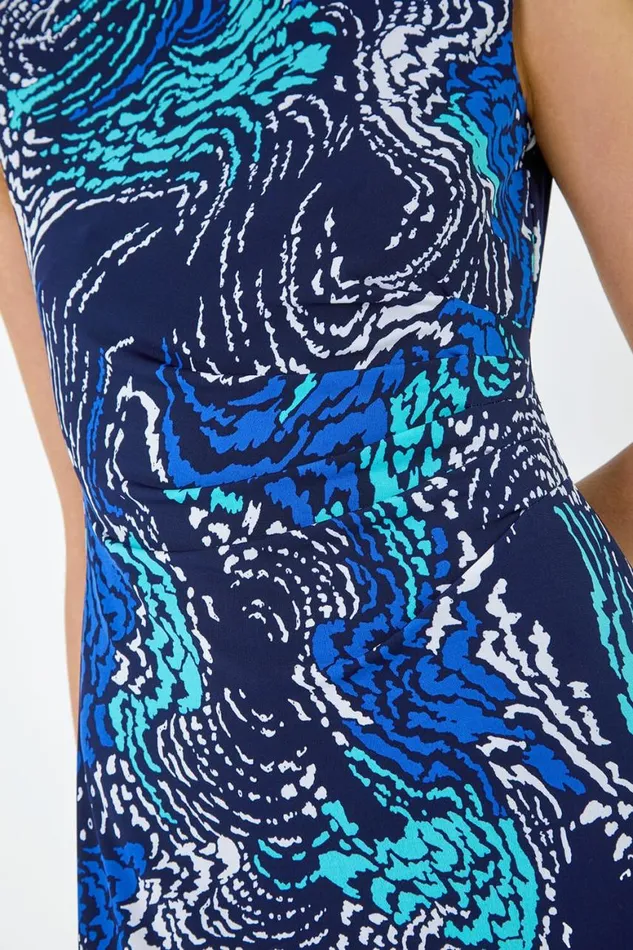 Women Navy Textured Wave Print Shift Stretch Dress Roman Dresses