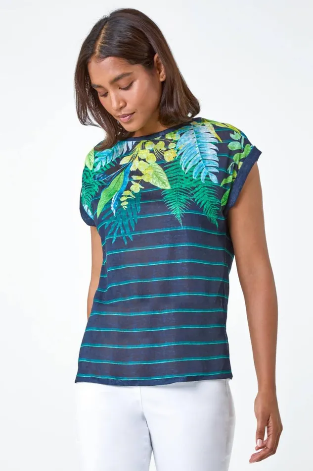 Women Navy Tropical Leaf Stripe Stretch TShirt Roman Tops