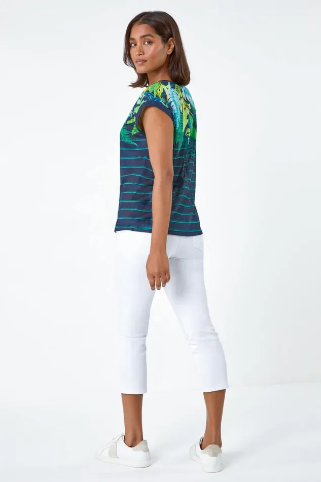 Women Navy Tropical Leaf Stripe Stretch TShirt Roman Tops