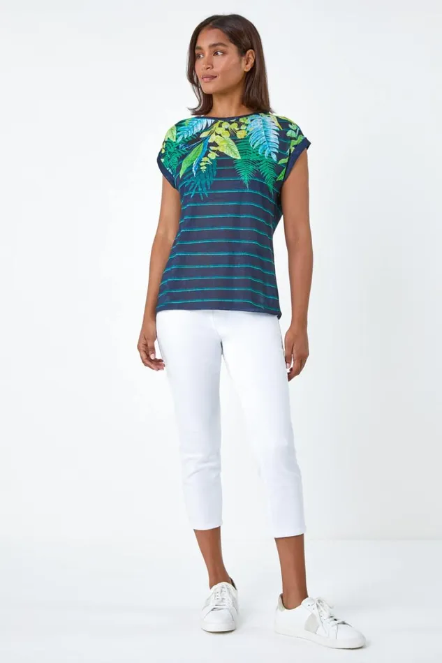 Women Navy Tropical Leaf Stripe Stretch TShirt Roman Tops