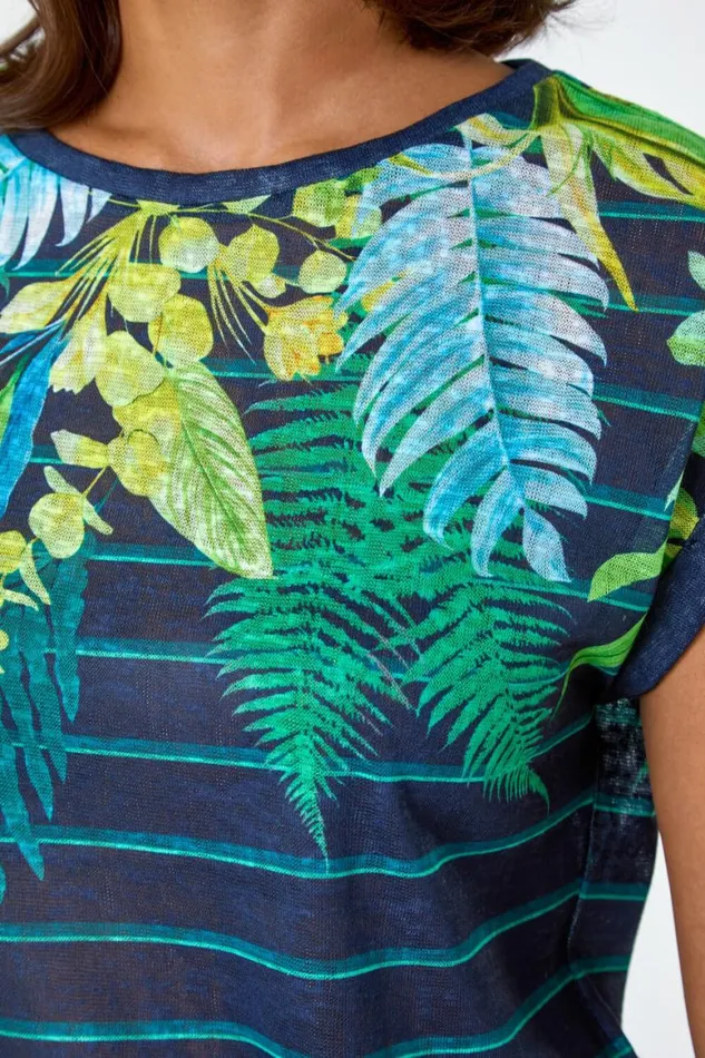 Women Navy Tropical Leaf Stripe Stretch TShirt Roman Tops