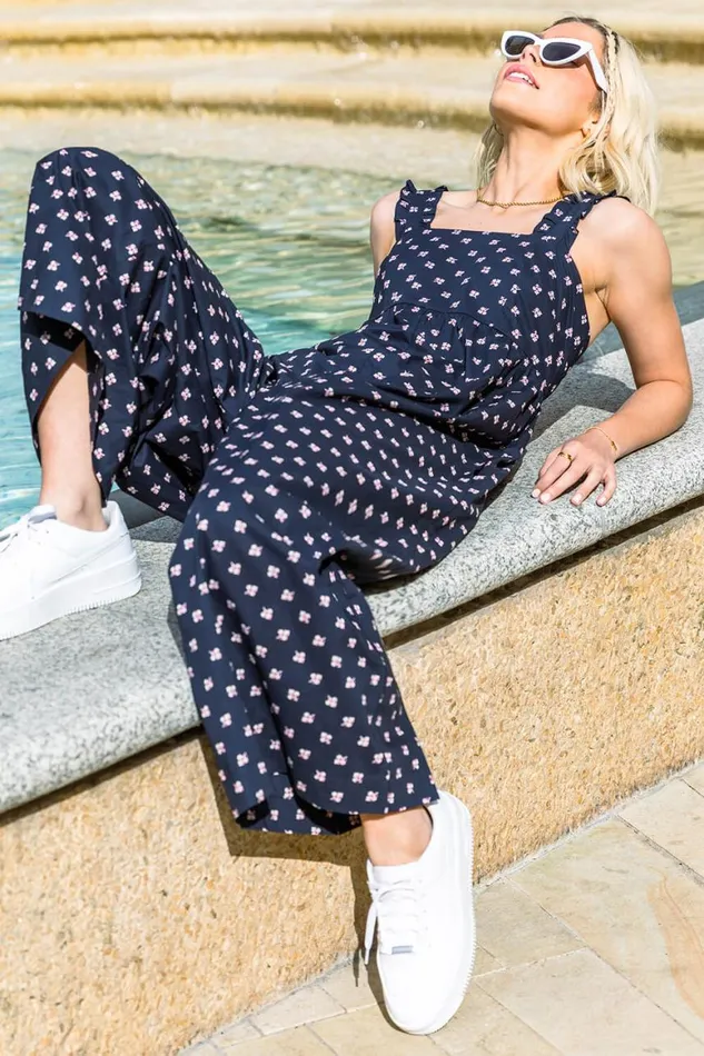 Women Navy Wide Leg Oversized Relaxed Jumpsuit Roman Dresses